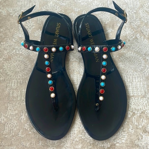 Brand New Stuart Weitzman Gemstone Beaded Thong Jelly Sandals Slingback Black - Picture 14 of 15